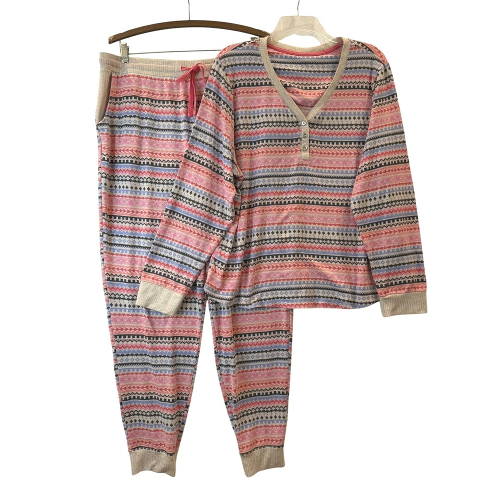 Cuddl Duds Pajama Set Womens XL Pink Blue Fair Isle Henley Top Jogger Pants 2pc
